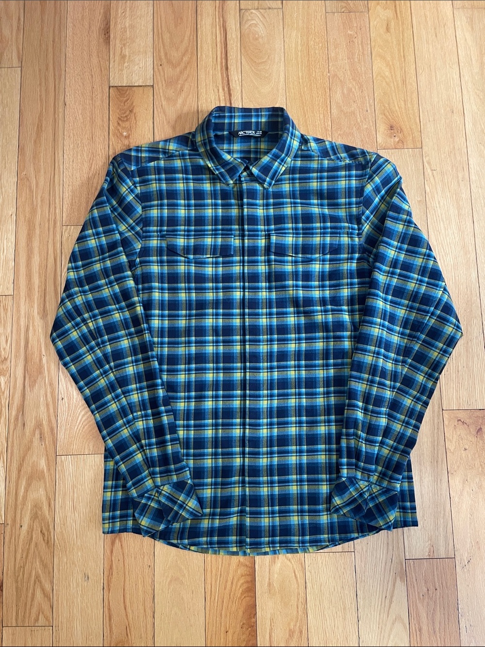 Arc'teryx Men's Blue and Yellow Plaid Button-Up Shirt